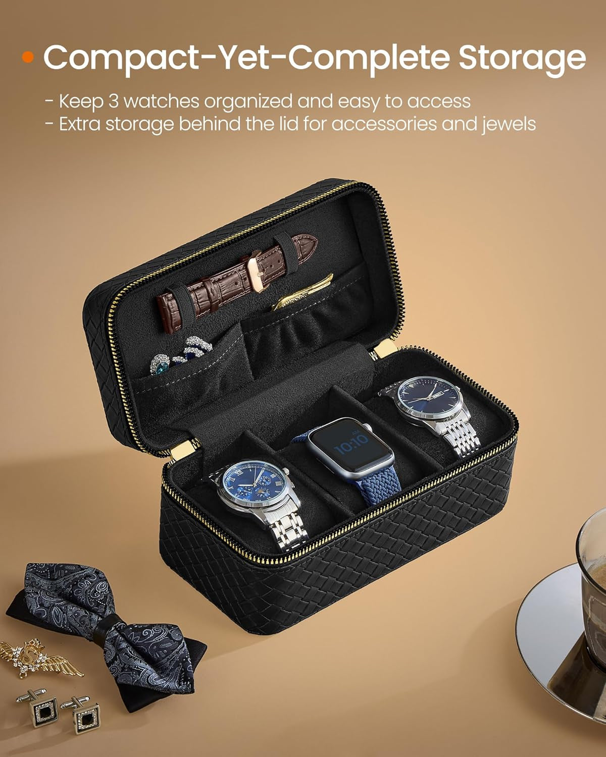 2-Layer Jewelry Box Bundle with Watch Case, Jewelry Organizer with Removable Tray, 3-Slot Watch Travel Box, Gift Idea, White and Ink Black UJBC165W01 and UJWB017B01