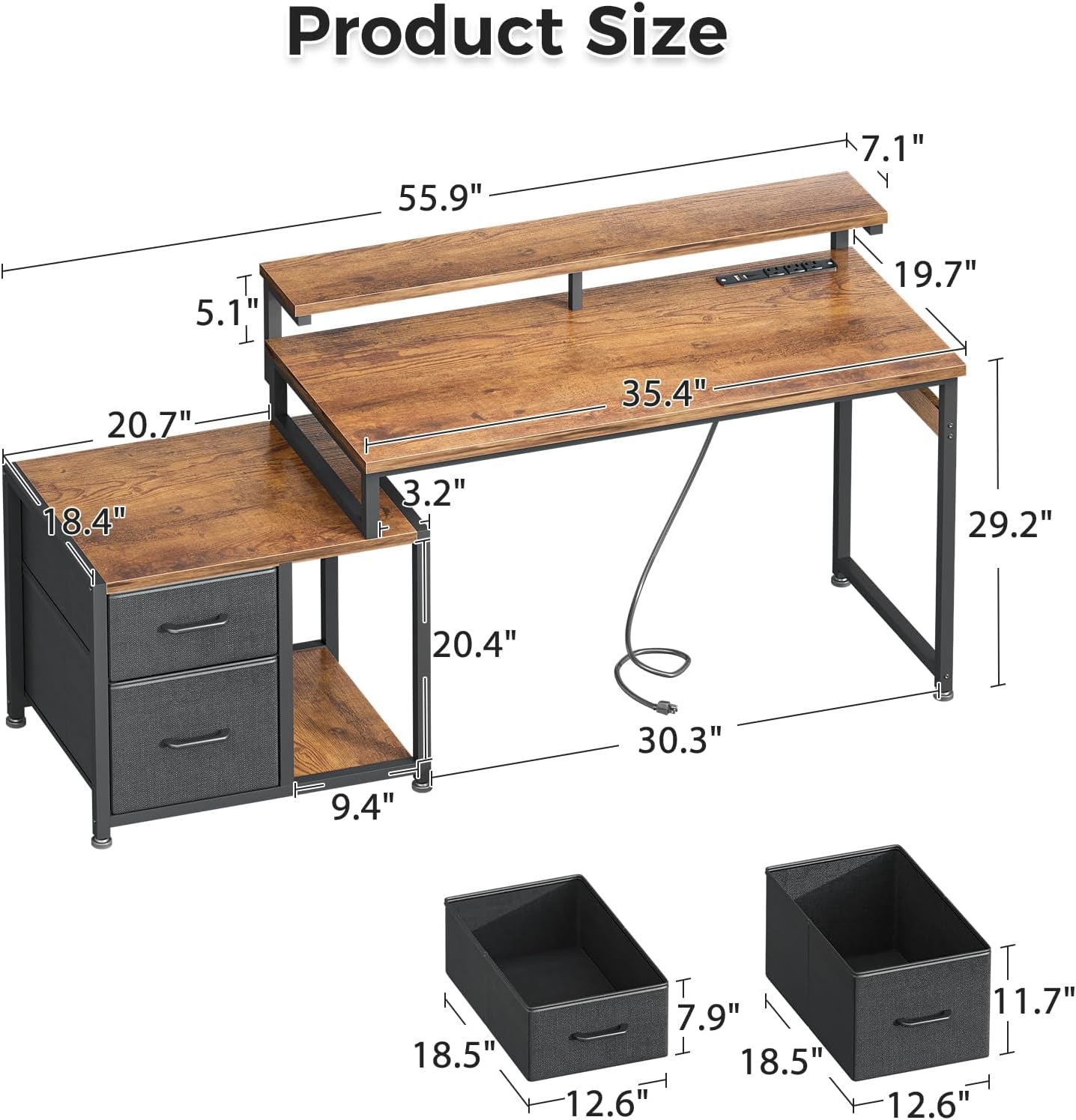 Computer Desk with Printer Storage Shelf, 56 Inch Office Desk with Drawers & Power Outlet, Reversible Desk Space-Saving Workstation with Individual PC Stand, Rustic Brown