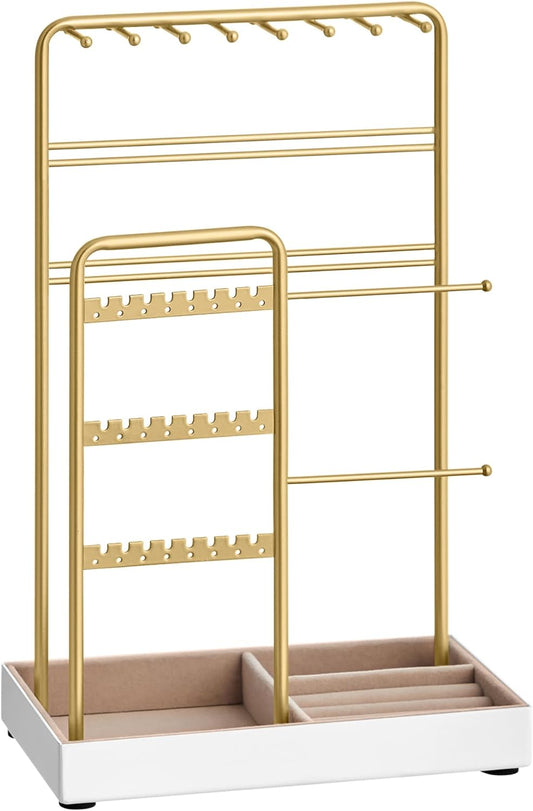 Jewelry Holder, Jewelry Organizer, Jewelry Display Stand with Metal Frame, Velvet Tray, Necklace Earring Bracelet Holder, for Studs, Rings, Gift Idea, Pale Gold UJJS021A01