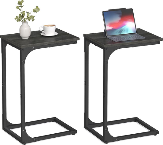 C-Shaped End Table Set of 2, Small Side Table for Couch, Sofa Table with Metal Frame for Living Room, Bedroom, Bedside, Ebonized Oak and Black