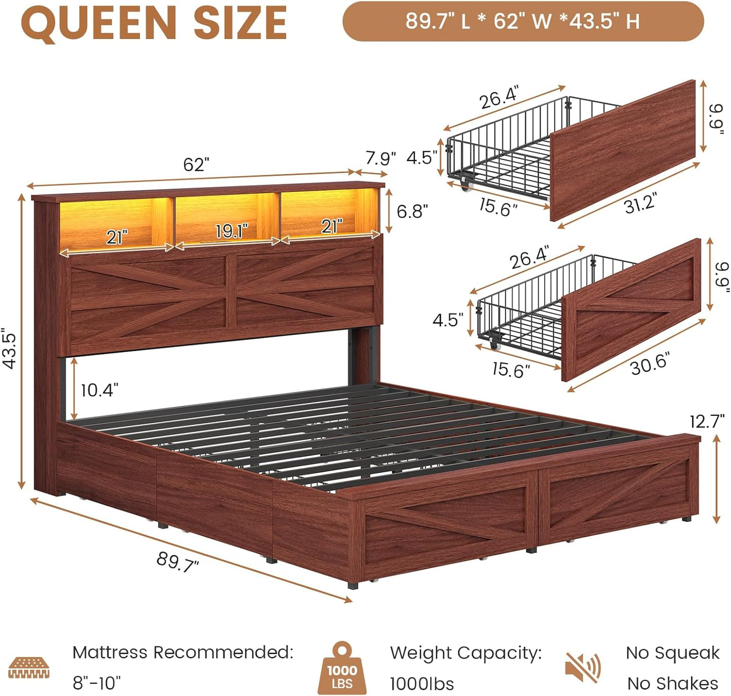 Queen Bed Frame with 6 Drawers, Farmhouse Bed Frame with Barn Door Headboard and Storage, Wood Platform Bed Frame Queen Size with Charging Station and LED Lights, No Box Spring Needed, Brown