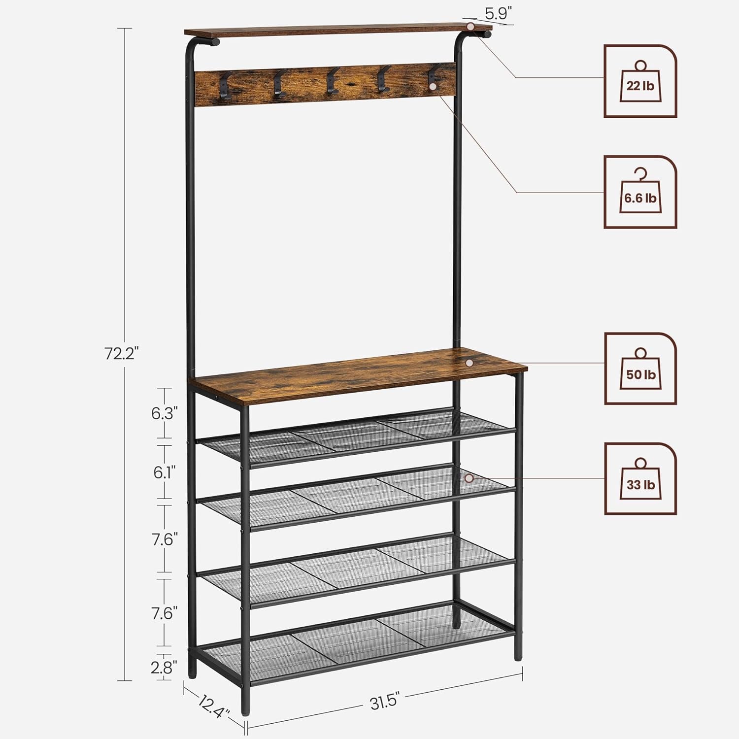 Hall Tree with Shoe Bench, Coat Rack Shoe Bench, 5-Tier Shoe Rack Different Heights, 5 Dual Hooks, Top Shelf, Entryway Organizer, Hallway Bedroom Dorm, Rustic Brown and Black UHSR408B01
