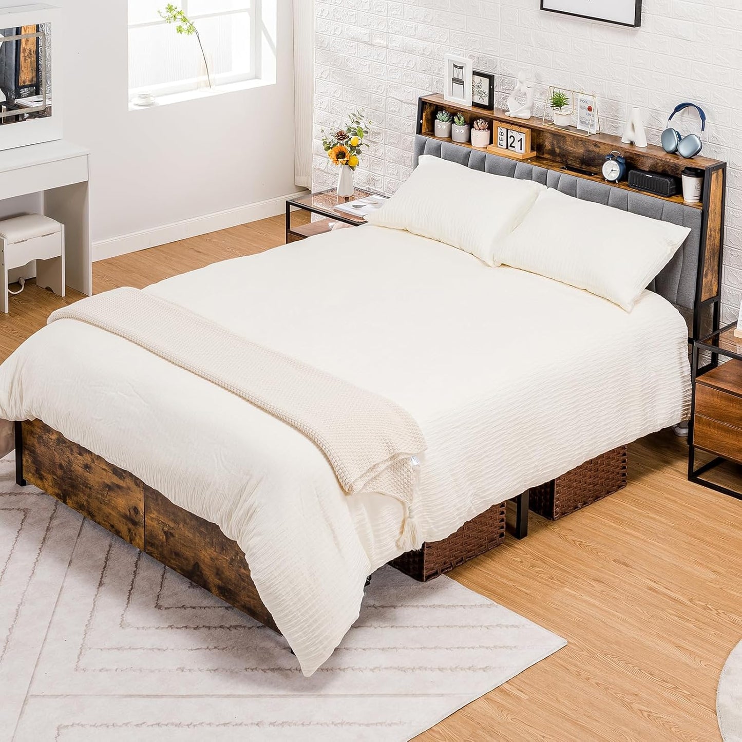 Queen Size Platform Bed Frame with LED Lights and Charging Station, Storage Headboard and Footboard Drawers, No Box Spring Needed, Rustic Wood Look