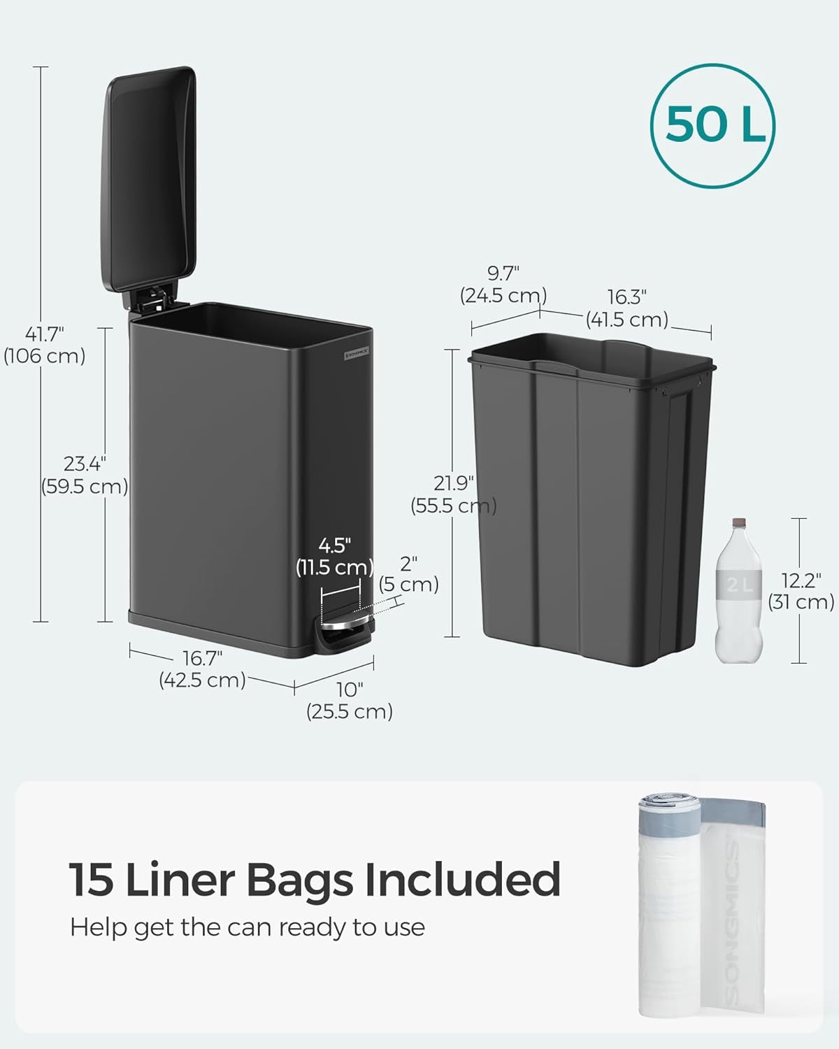 Slim Trash Can, 13-Gallon (50 L) Garbage Can for Narrow Spaces with Soft-Close Lid, Inner Bucket, and Step-On Pedal, Stainless Steel, 15 Trash Bags Included, Black ULTB510B48