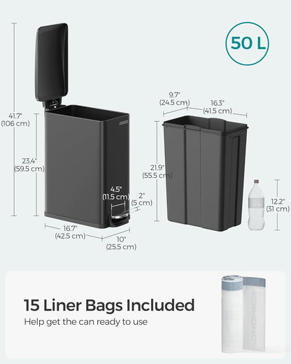 Slim Trash Can, 13-Gallon (50 L) Garbage Can for Narrow Spaces with Soft-Close Lid, Inner Bucket, and Step-On Pedal, Stainless Steel, 15 Trash Bags Included, Black ULTB510B48