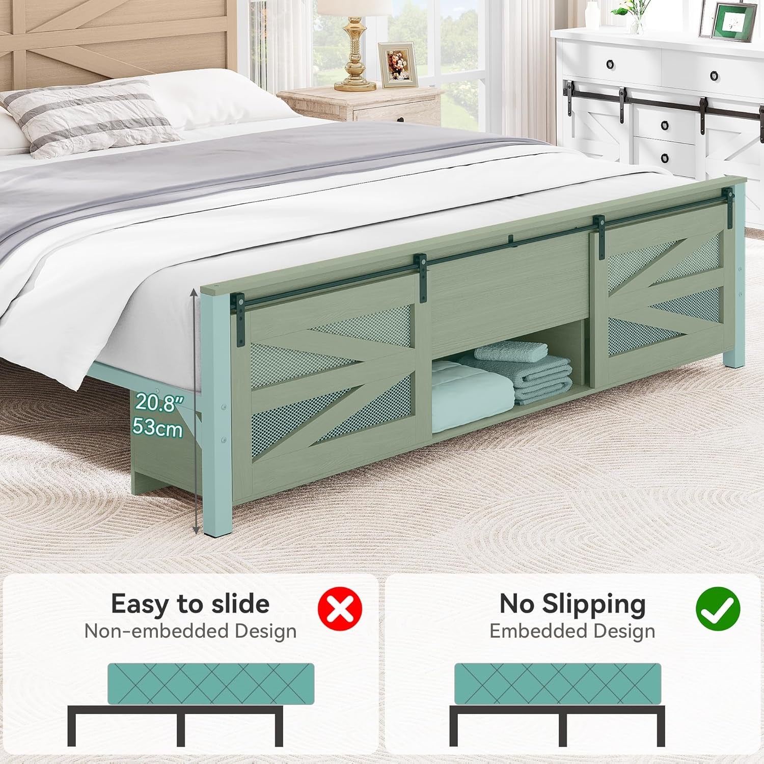 King Size Farmhouse Bed Frame with Sliding Barn Door Storage Cabinets, Platform Bed Frames with 47.2" Headboard, Solid Metal Slats Support, Noiseless, No Box Spring Needed, Oak