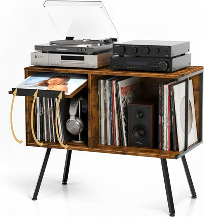 Flip Top Record Player Stand, Large Record Player Table with Open Storage Holds up to 150+ Albums, Mid Century Turntable Stand, Stereo Cabinet for Speakers, for Living Room, Bedroom, Rustic