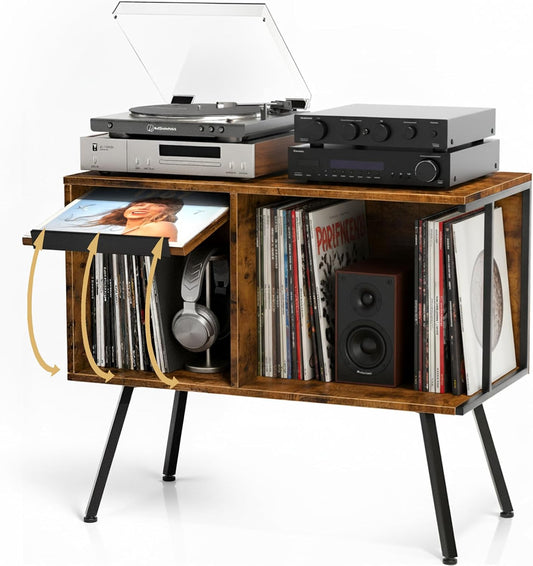 Flip Top Record Player Stand, Large Record Player Table with Open Storage Holds up to 150+ Albums, Mid Century Turntable Stand, Stereo Cabinet for Speakers, for Living Room, Bedroom, Rustic