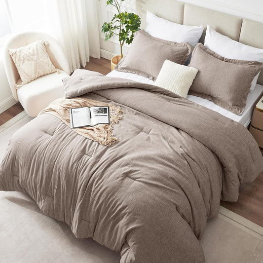 King Size Comforter Set 3 Pieces, Heathered Khaki Soft Luxury King Bedding Sets, Breathable Lightweight down Alternative Comforter with 2 Pillow Shams, All Season Bed Set Gift for Home
