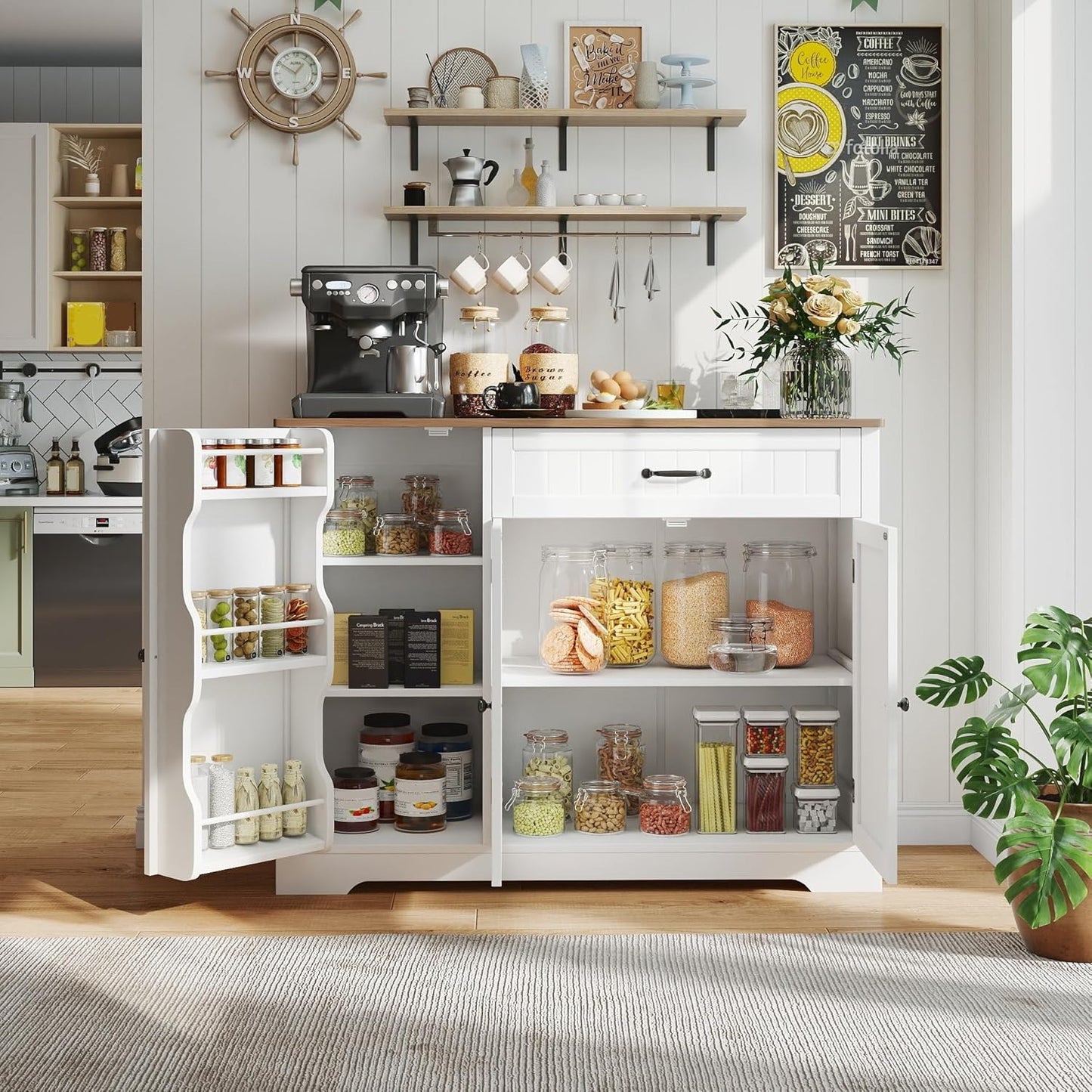 Kitchen Coffee Bar Cabinet with Storage Kitchen Sideboard Buffet Cabinet with Drawers, Short Pantry with Door and Shelves for Bathroom and Living Room, White and Rustic
