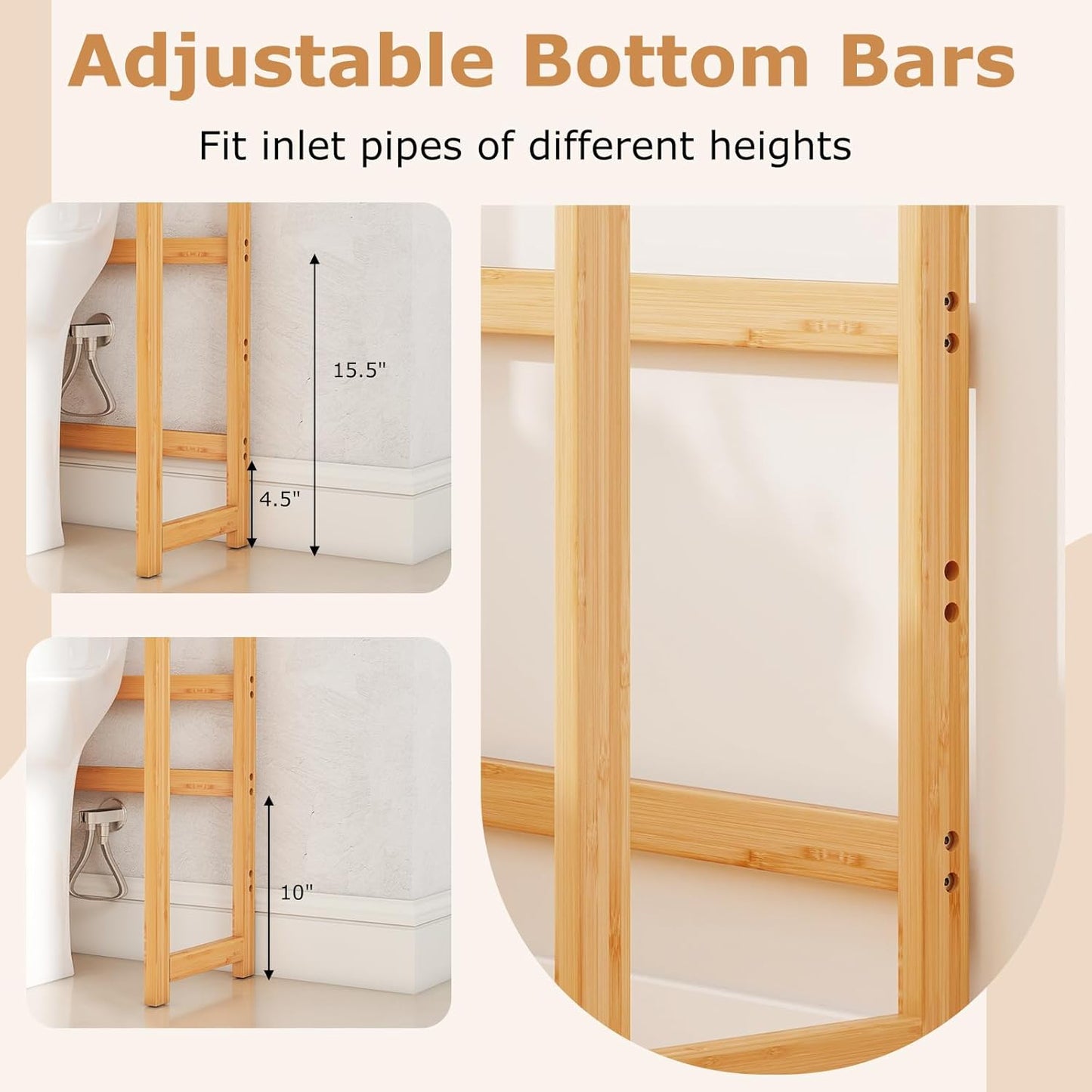 over the Toilet Storage Cabinet, 3-Tier Bamboo Bathroom Shelves over Toilet W/3 Hooks, Adjustable Shelves & Waterproof Feet Pad, over Toilet Bathroom Organizer for Laundry, Balcony, Restroom