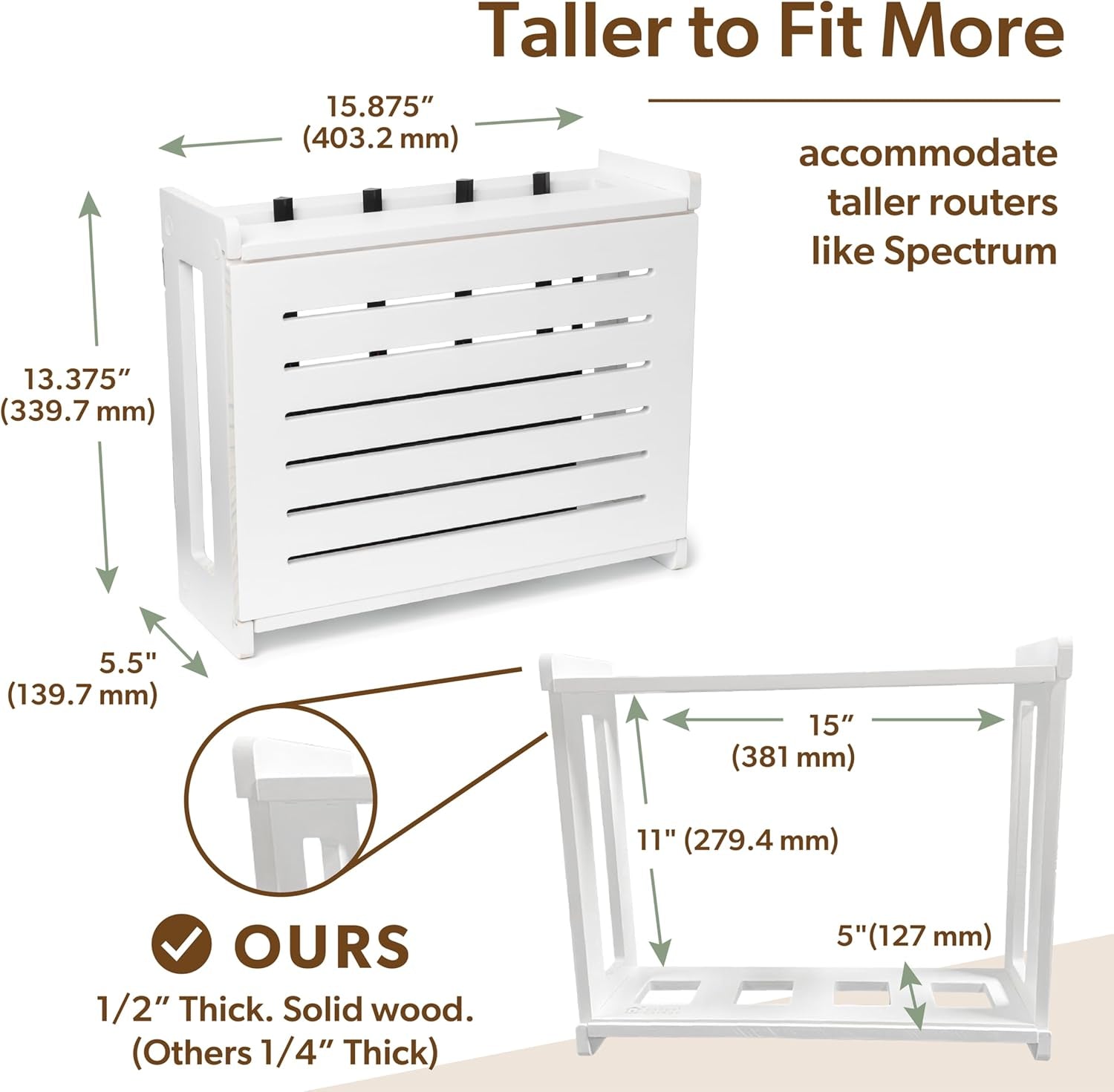 Wooden Wifi Router Storage Box - Standard Wall Mountable Decorative Modem Shelf Hider Cover with Cable Management System - Rustic Home Organization Solution for Most Routers up to 11" Tall - White