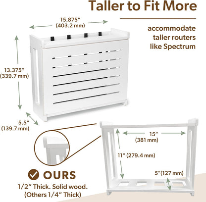Wooden Wifi Router Storage Box - Standard Wall Mountable Decorative Modem Shelf Hider Cover with Cable Management System - Rustic Home Organization Solution for Most Routers up to 11" Tall - White