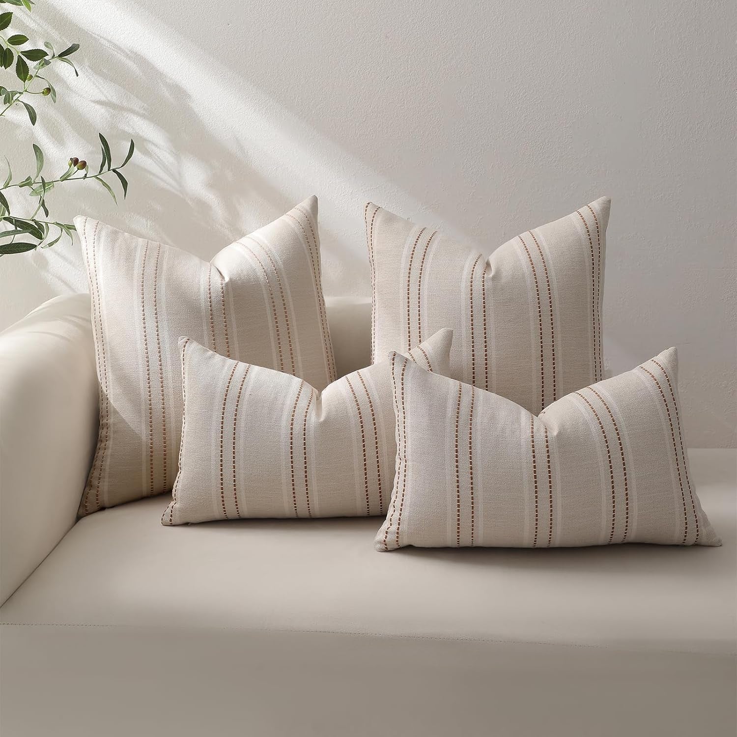 Rust Throw Pillow Covers 20X20 Set of 2 Striped Fall Pillow Covers Textured Linen Decorative Pillows Square Cushion Covers for Sofa Couch Bed Living Room Farmhouse Decor