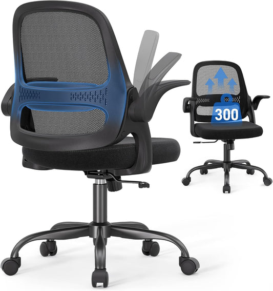 Ergonomic Mesh Office Chair for Home Office, Flip-Up Arms, Breathable Mesh Back & Thick Seat Cushion, Swivel Rolling Computer Desk Chair, BIFMA Certified, Supports 300 Lbs (Black Frame/Black Seat)