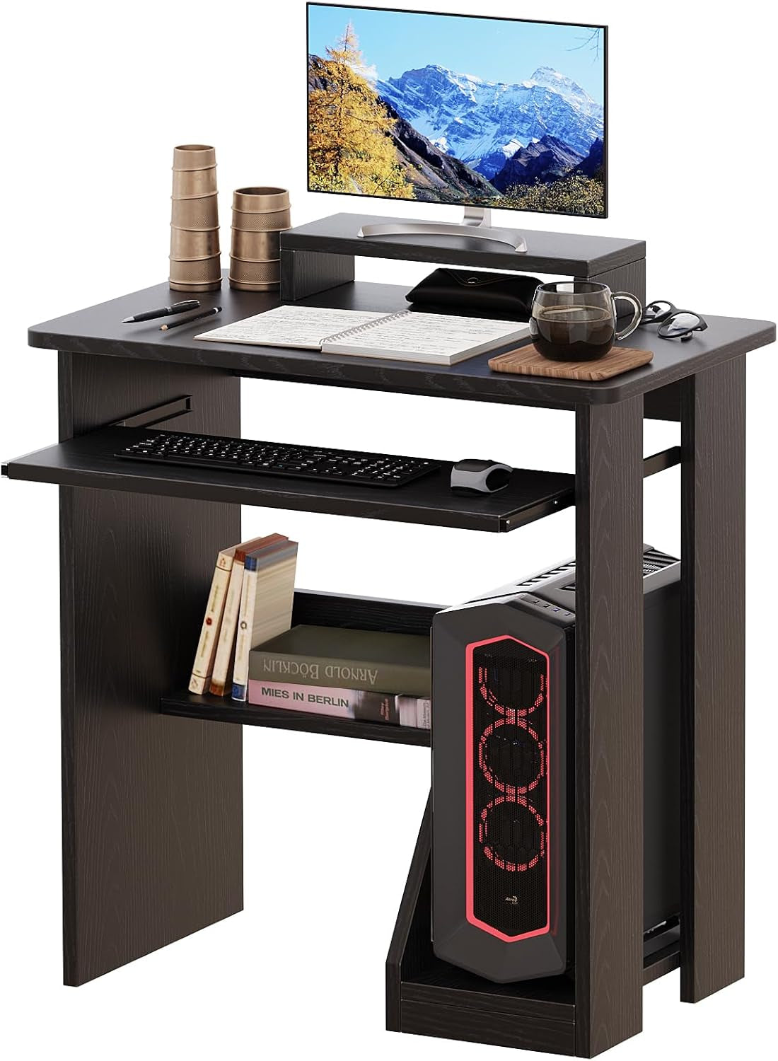 30 Inch Gaming Desk Computer Desk with Keyboard Tray Monitor Stand Storage Shelves CPU Stand, Industrial Small Desk for Small Spaces, Home Office Desk, Black
