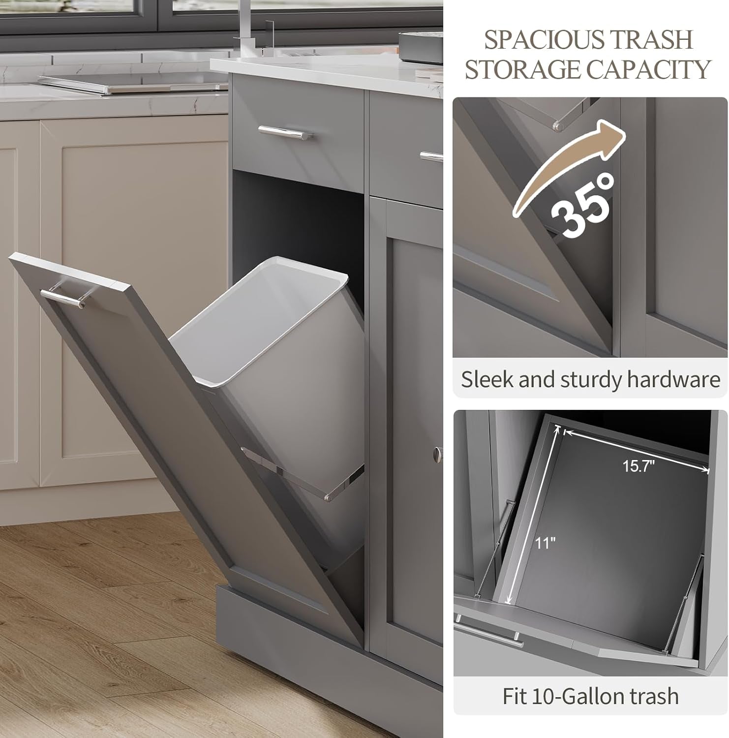 Kitchen Island on Wheels with Trash Can Storage, Rolling Kitchen Island Cart with Marble Countertop, Portable Island Table for Kitchen, Gray