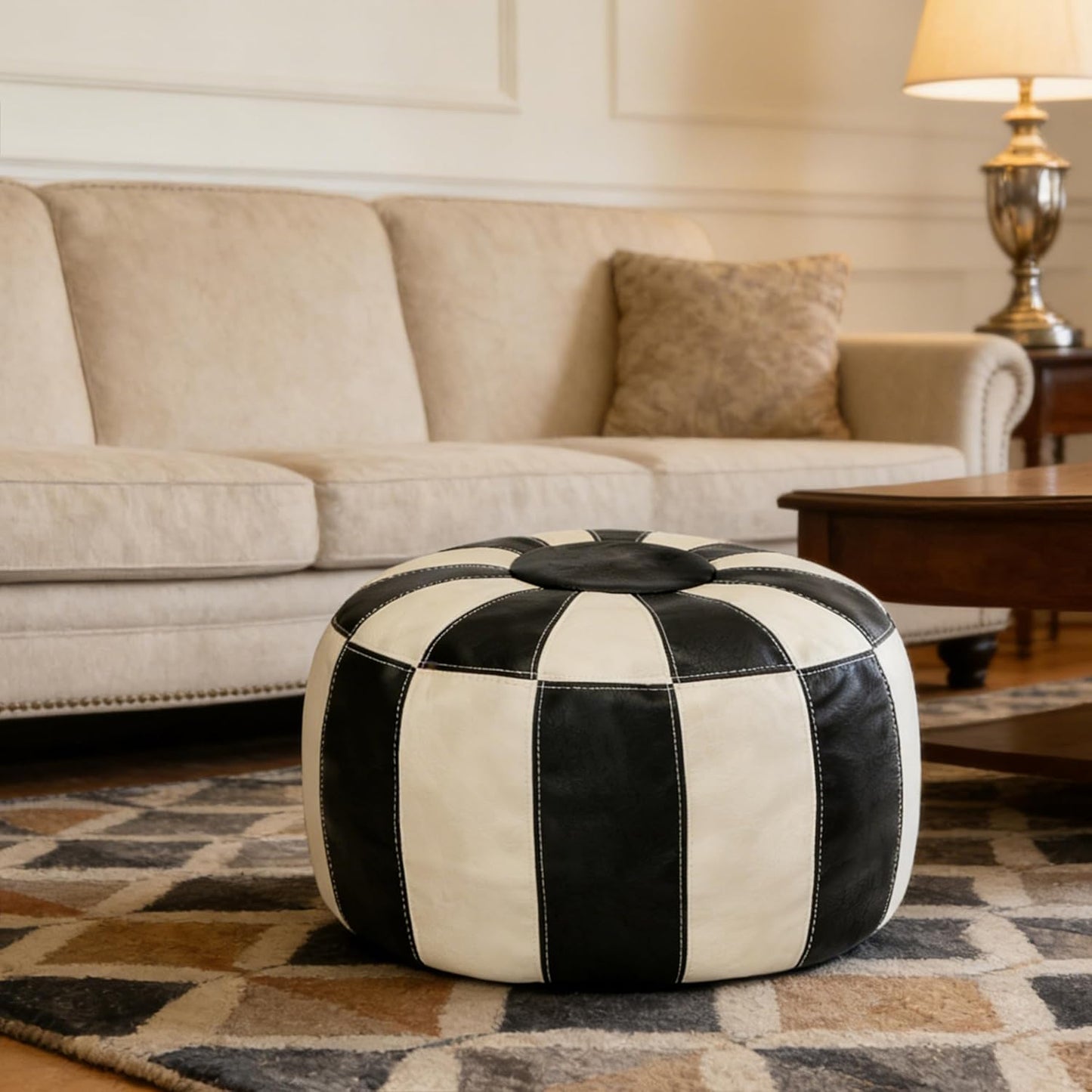 Unstuffed Moroccan Ottoman Pouf Cover, Ottoman Footstool Storage Solution, Bean Bag Chair, Foot Rest, Multi-Black&White