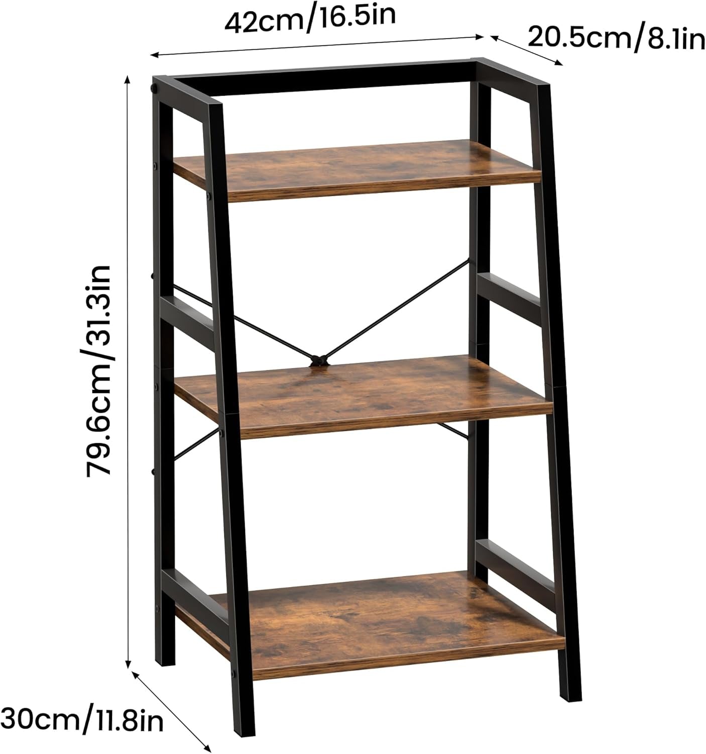 3-Tier Bookshelf, Ladder Shelf for Small Spaces, Industrial Short Bookshelf, Small Bookcase for Living Room, Bedroom, Home Office, Kitchen, 11.8 "D X 16.5" W X 31.3 "H, Rustic Brown