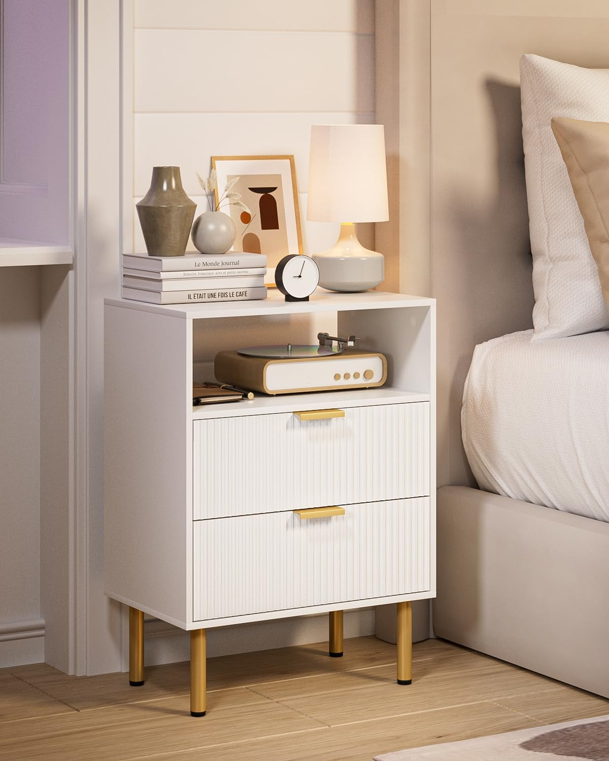 Night Stand,Tall Bedside Table with 3Storage Drawers,White Nightstand,Bedside Furniture,Side Table with Gold Frame,End Table for Bedroom,Living Room (Modern-2Drawers 1Shelf, White)
