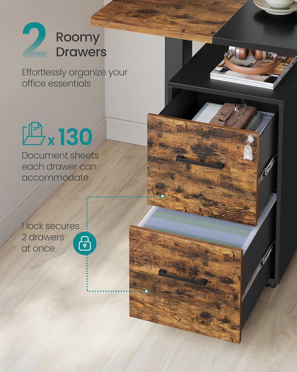 File Cabinet, Pre-Assembled except Wheels and Handles, Office Filing Cabinet with Lock, for A4, Legal, Letter Sized Documents, 17.7 X 14.4 X 25.4 Inches, Rustic Brown and Black UOFC112B02