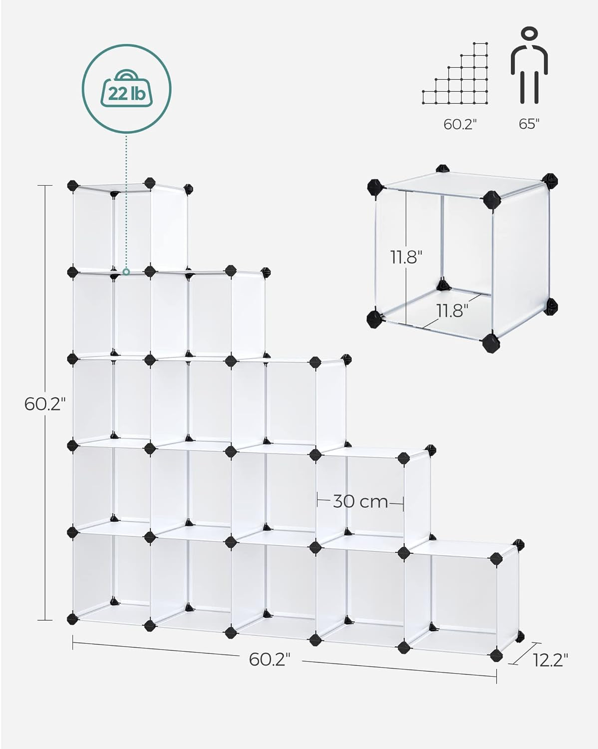 Cube Storage Organizer, Set of 16 Plastic Cubes, Book Shelf, Closet Organizers and Storage, Room Organization, Bedroom Living Room, 12.2 X 48.4 X 48.4 Inches, White ULPC44L