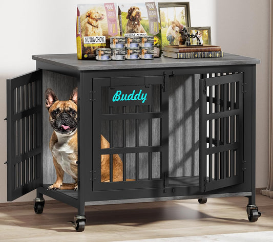 33"/27" Dog Crate Furniture with Name Tag, Heavy Duty Dog Kennel Indoor for Medium and Small Dogs, Double-Doors Sturdy Metal Dog Cage, Decorate House as TV Stand, End Table, Bedside Table