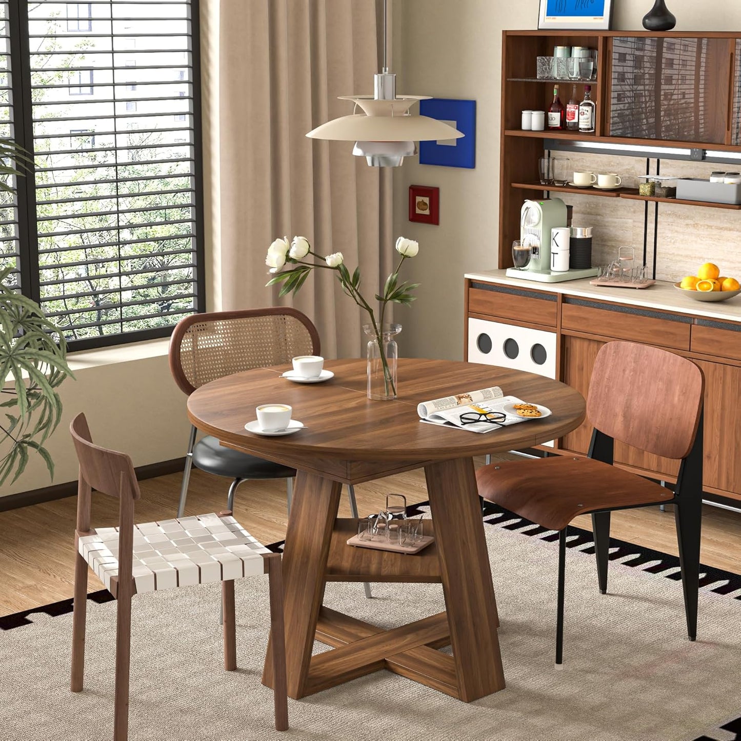 43.3In-59In Extendable round Dining Table for 4-8,Modern Kitchen Oval Dining Table with Removable Leaves Space Saving,Wood Base with Storage Shelf for Kitchen Living Room (Walnut)