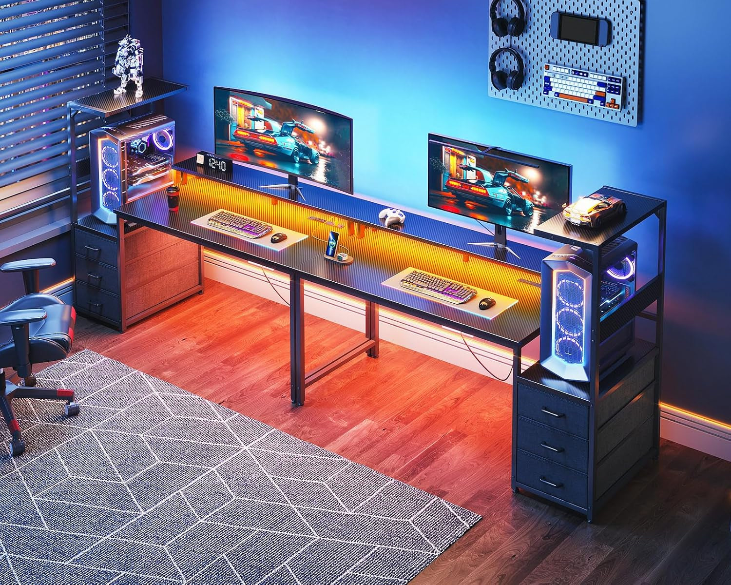 59 Inch Gaming Desk with USB Charging Ports & LED Light- Reversible Computer Desk with Storage Shelves & Monitor Stand, Modern Gamer Desk Table with Fabric Drawers & Side Hook, Carbon Fiber Black