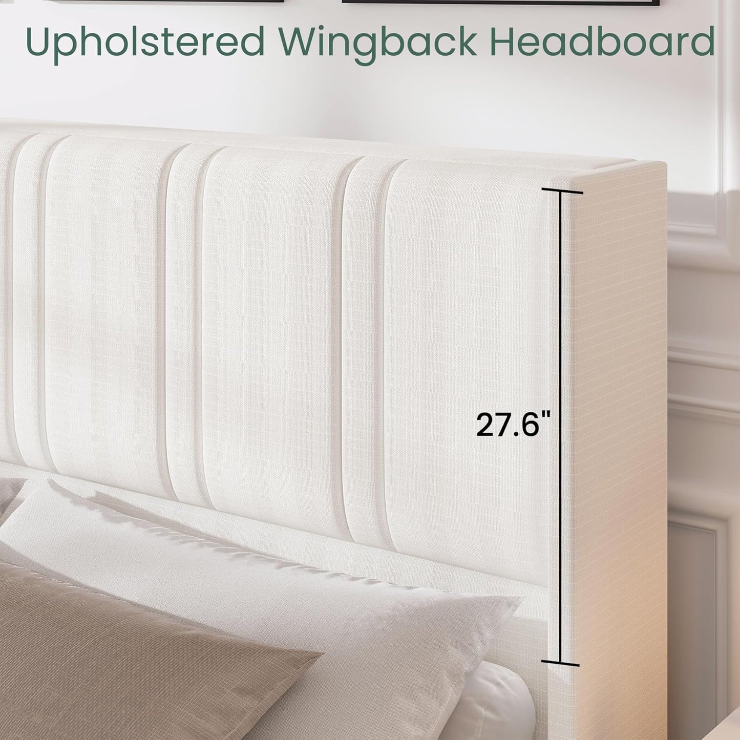 Queen Size Bed Frame with 4 Storage Drawers and Wingback Headboard Linen Upholstered Platform Bed Frame with Wooden Slats, Easy Assembly, White