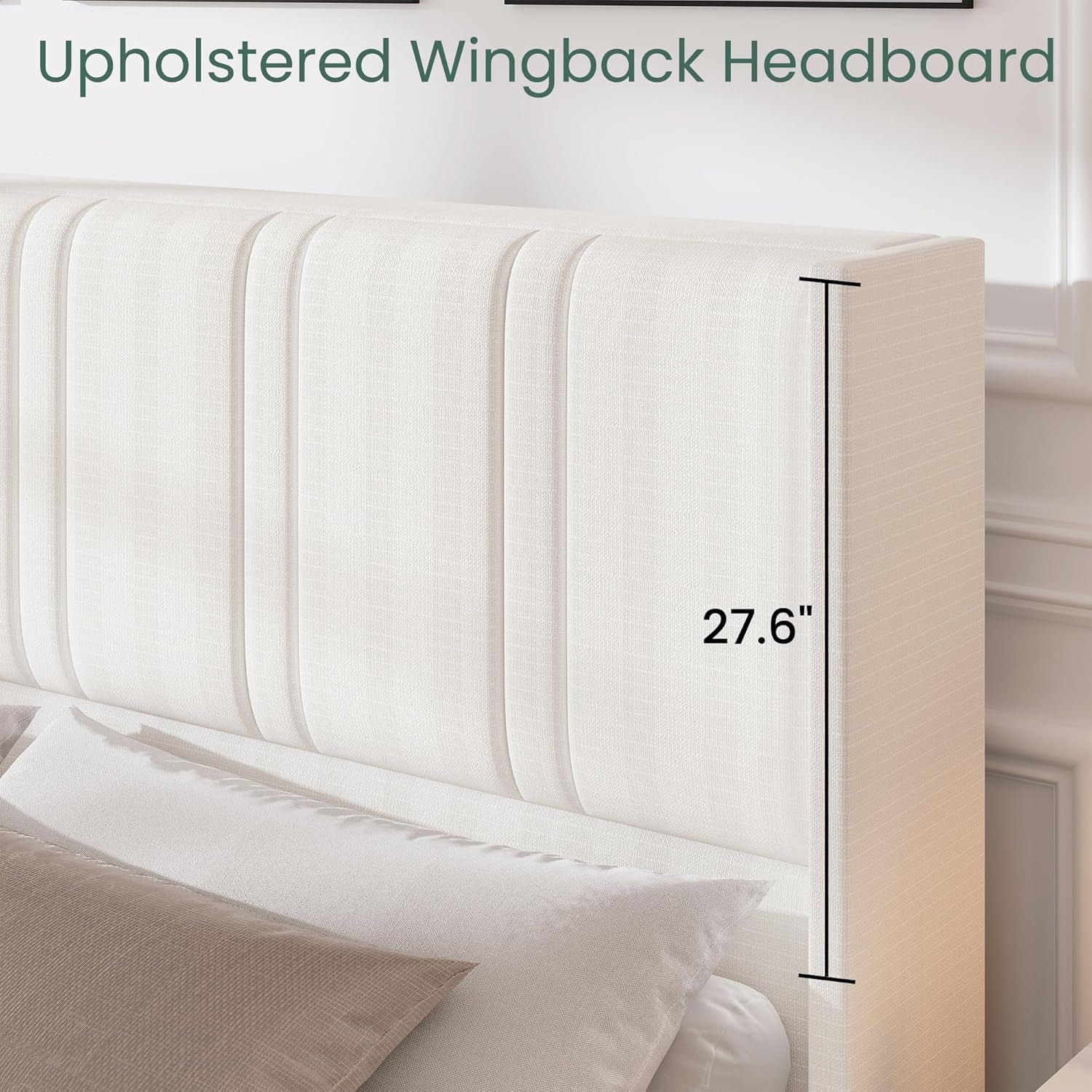 Queen Size Bed Frame with 4 Storage Drawers and Wingback Headboard Linen Upholstered Platform Bed Frame with Wooden Slats, Easy Assembly, White