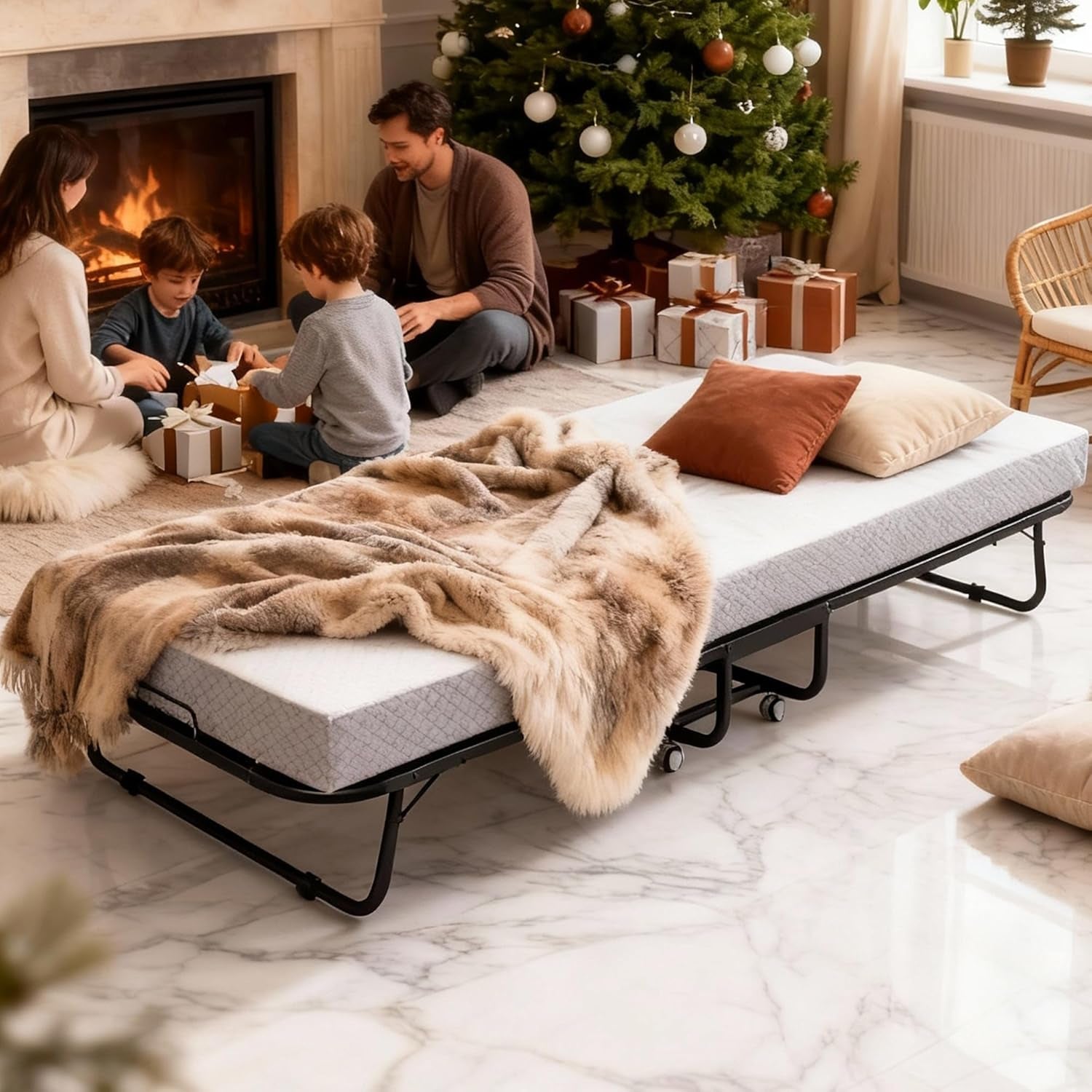 Folding Bed with Memory Foam Mattress, Portable Rollaway Guest Beds on Wheels, 75"X31" Twin Size Space-Saving Cot-Size Bed for Adults with Easy Assembly Metal Frame (White)