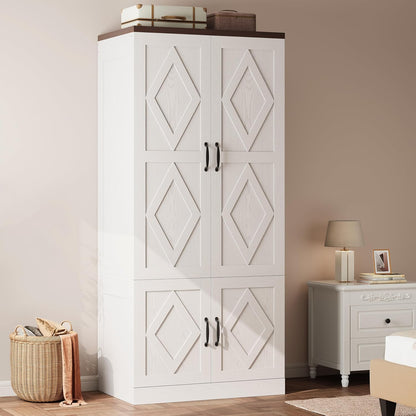 Wardrobe Closet, 71" H Tall Wooden Closet with 5 Clothing Shelves, 4 Doors and Hanging Rod for Hanging Clothes, Bedroom Freestanding Armoire Storage Cabinet, Stand Alone Clothing Unit, White