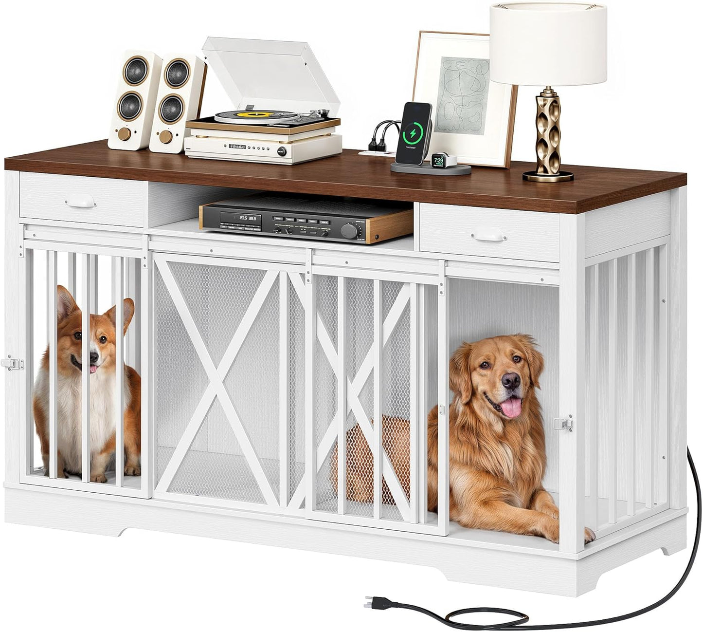 63 Inch Double Dog Crate Furniture for 2 Dogs, Heavy Duty Wooden Dog Crate TV Stand with Charging Station, Dog Kennel Indoor Furniture Double Sliding Barn Door Design Ideal for 2 Dogs, White