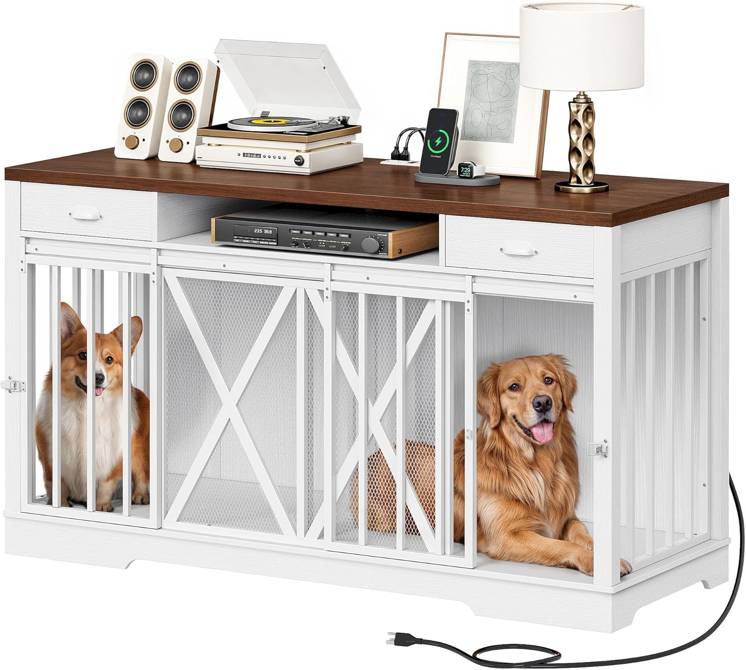 63 Inch Double Dog Crate Furniture for 2 Dogs, Heavy Duty Wooden Dog Crate TV Stand with Charging Station, Dog Kennel Indoor Furniture Double Sliding Barn Door Design Ideal for 2 Dogs, Oak