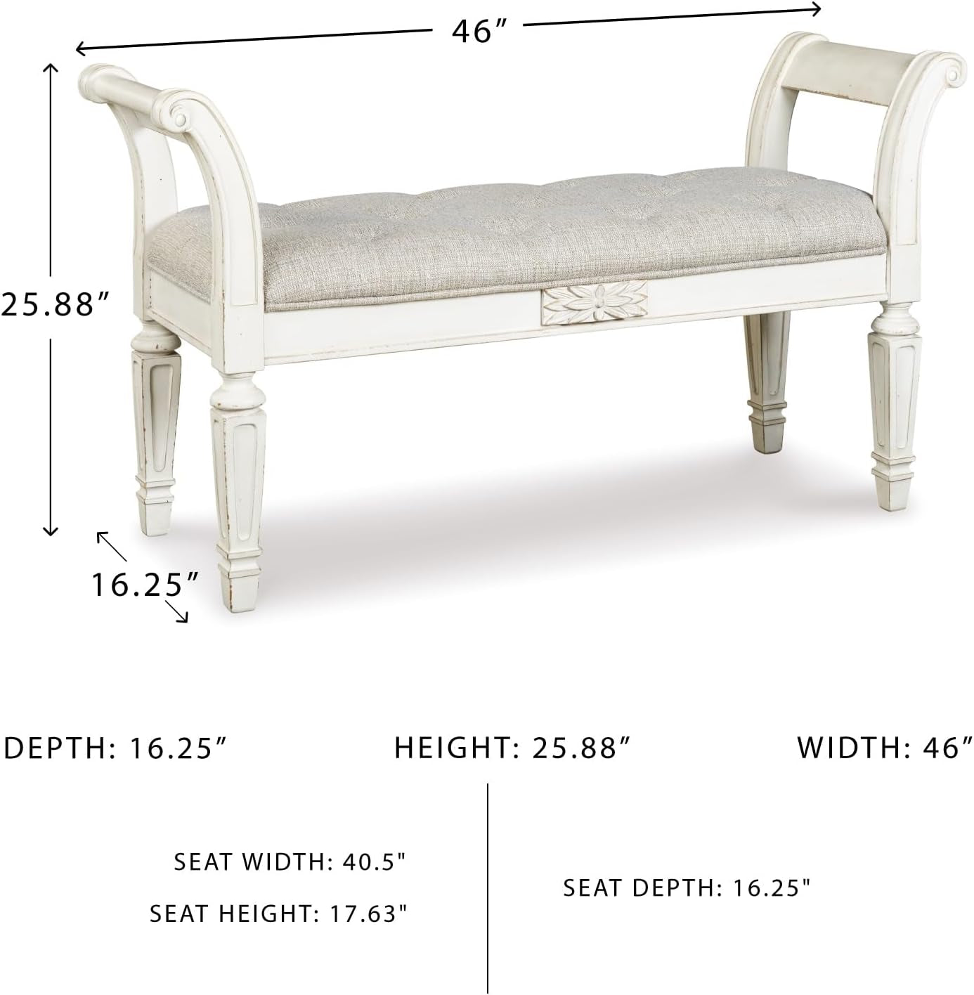 Realyn French Country Upholstered Tufted Accent Bench, Antique White