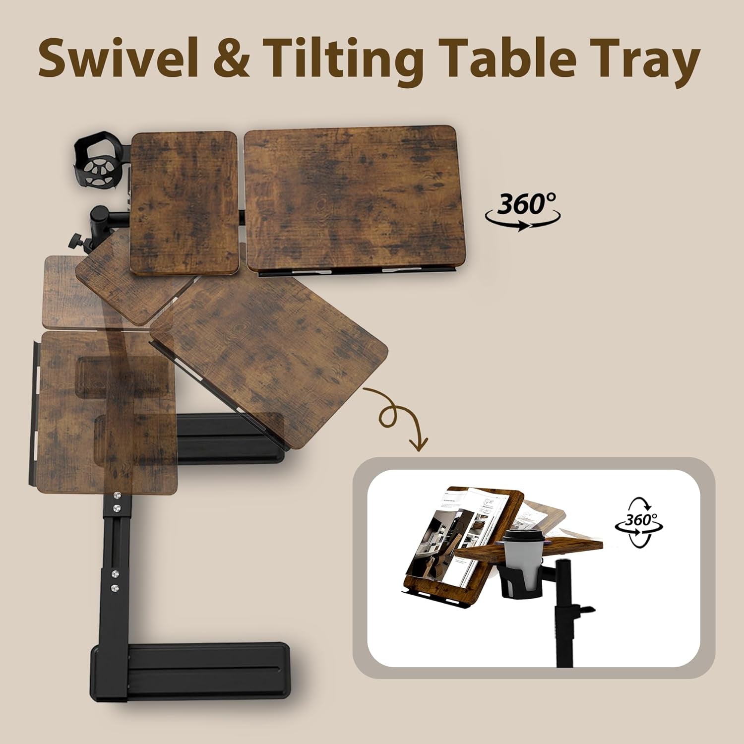 Height Adjustable Overcouch Armrest Table Tray – Tilting Top Swivel Table for Recliner, Sofa, Laptop, Slide under Side Table for Eating, Reading, Snacking, Recovery Use (Rustic Brown)