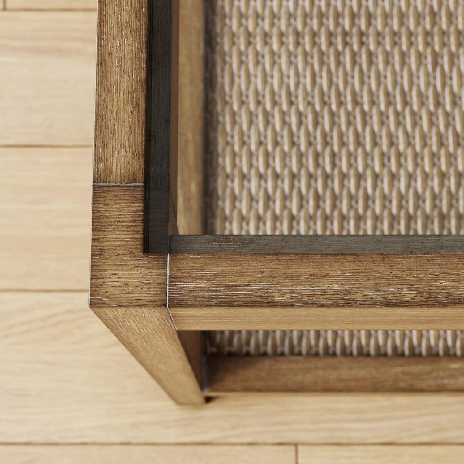 33301 Hayes Solid Wood Nightstand, Bedside, End or Side Table in Light Brown Wood Finish & Glass Top with Open Storage Shelf, 18 in X 18 in X 22 In