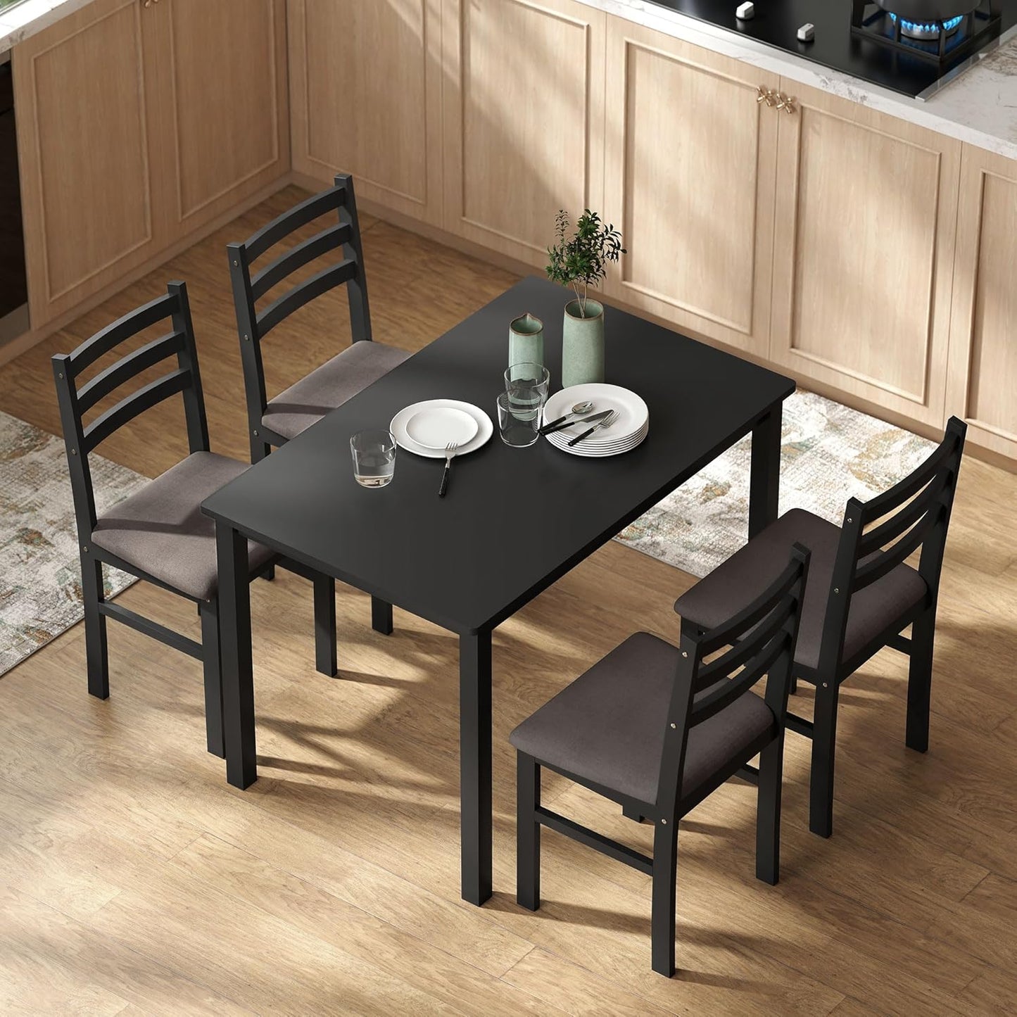 5-Piece Dining Table Set for 4 with Solid Wood Frame, Farmhouse Kitchen Table Set with 4 Upholstered Padded Chairs for Small Space, Dining Room, Breakfast Nook, Black