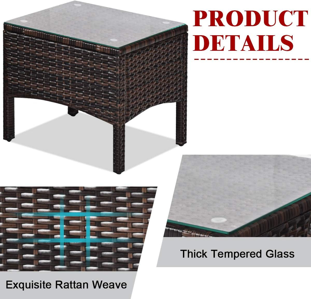 3 Piece Outdoor Patio Furniture Set, Wicker Chairs Set with Glass Top Coffee Table, Thick Cushions, All Weather Garden Lawn Poolside Backyard Porch Furniture Set for 2 (Red)