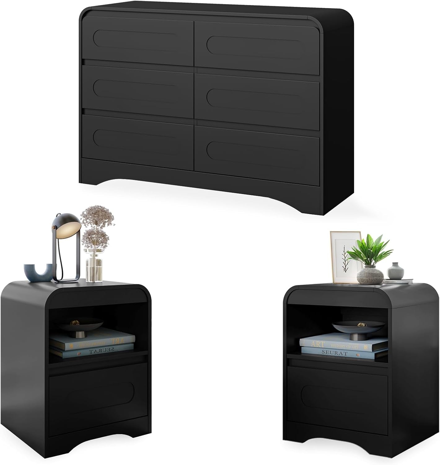 3 Piece Bedroom Set, Dresser and Nightstand Sets for Bedroom, Wood 6 Drawer Dresser & Night Stand Set of 2, Wide Chest of Drawers Modern Storage Cabinet Bedroom Furniture Set, Black