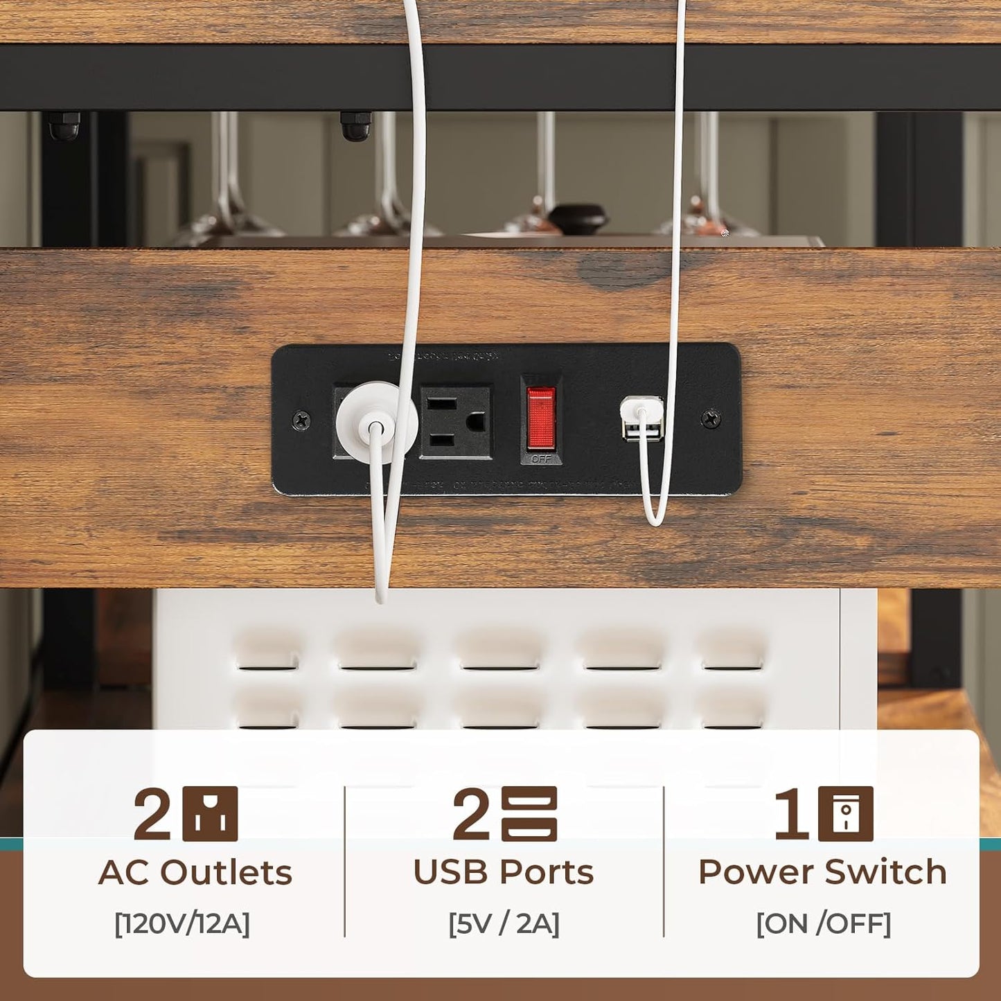Bakers Rack with Power Outlet and LED Light, 45.3 Inch Farmhouse Coffee Bar Cabinet, Kitchen Microwave Stand with Storage, Glass Cabinet, Goblet Holder and 8 Hooks (Rustic Brown)