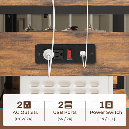 Bakers Rack with Power Outlet and LED Light, 45.3 Inch Farmhouse Coffee Bar Cabinet, Kitchen Microwave Stand with Storage, Glass Cabinet, Goblet Holder and 8 Hooks (Rustic Brown)