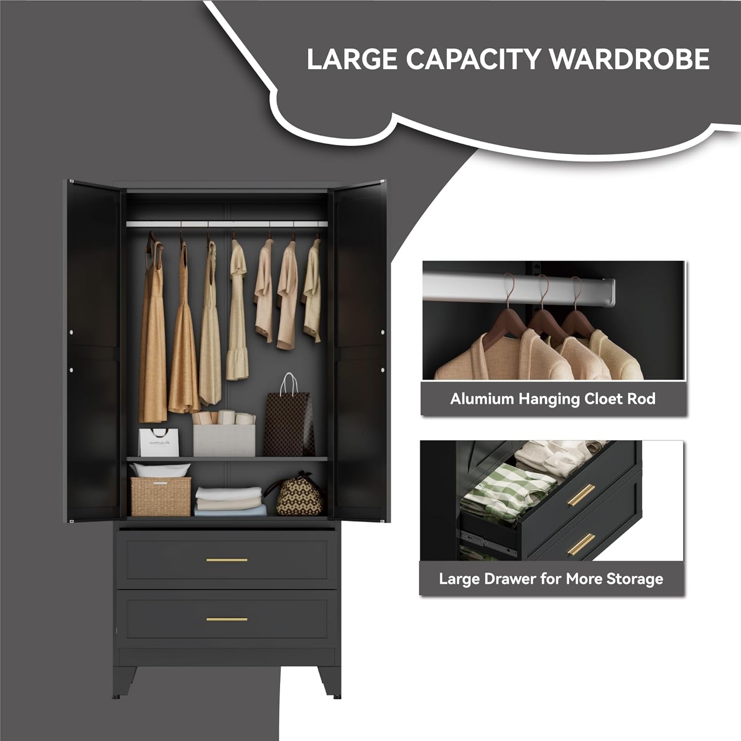 Black Metal Wardrobe Closet, Armoire Wardrobe with Two Drawers Clothes Cabinet for Bedroom, 71" Tall Farmhouse Steel Armoire Closet with Drawers and 2 Doors Clothing Storage Cabinet with Hanging Rod