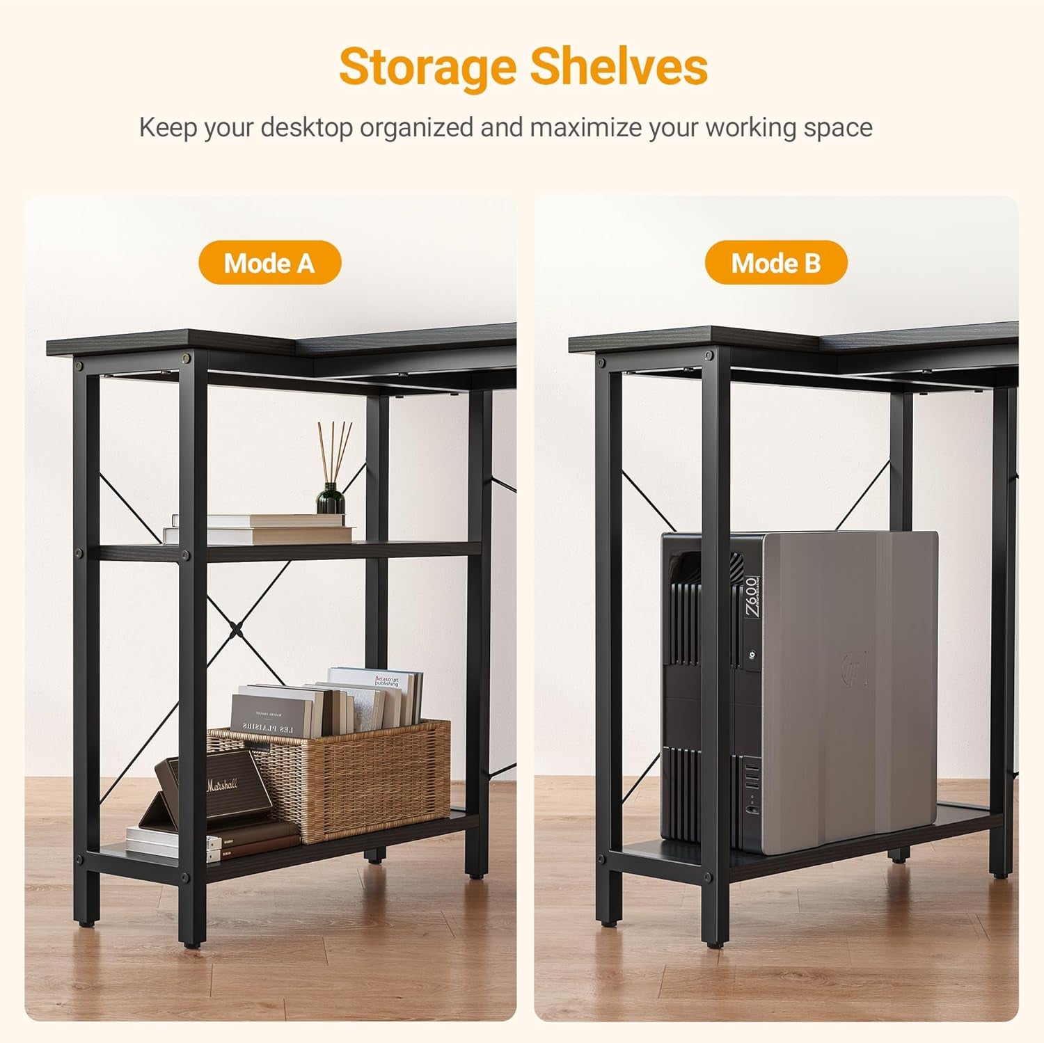 L Shaped Desk, 47 Inch Computer Desk with Reversible Storage Shelves Home Office Corner Desk Study Writing Table, Black