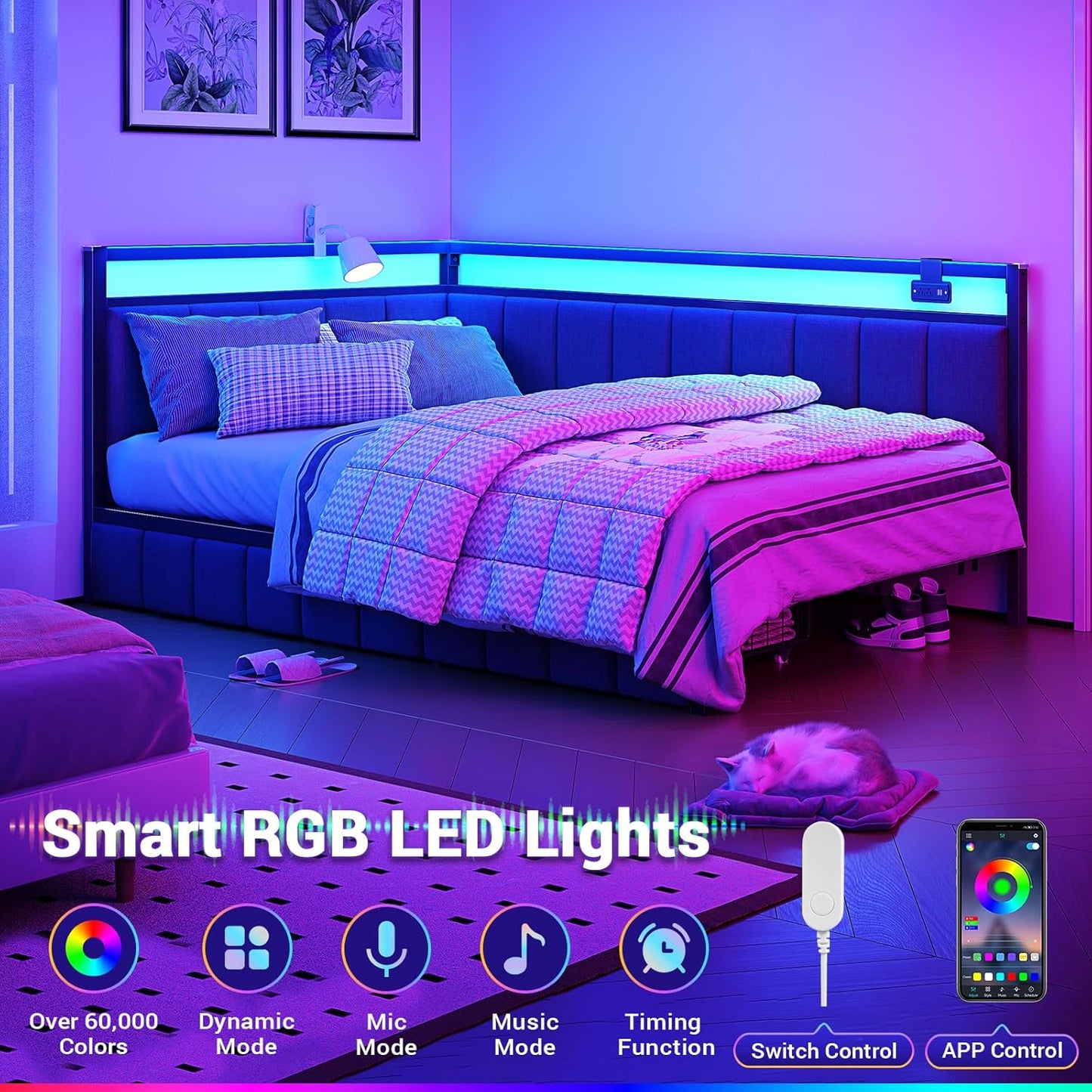 Corner Bed Frame with Storage Drawers, Twin Daybed with Line Fabric Upholstered Fence, Kids Bed Unit with LED Light and Charging Station, Modern Bed Frame
