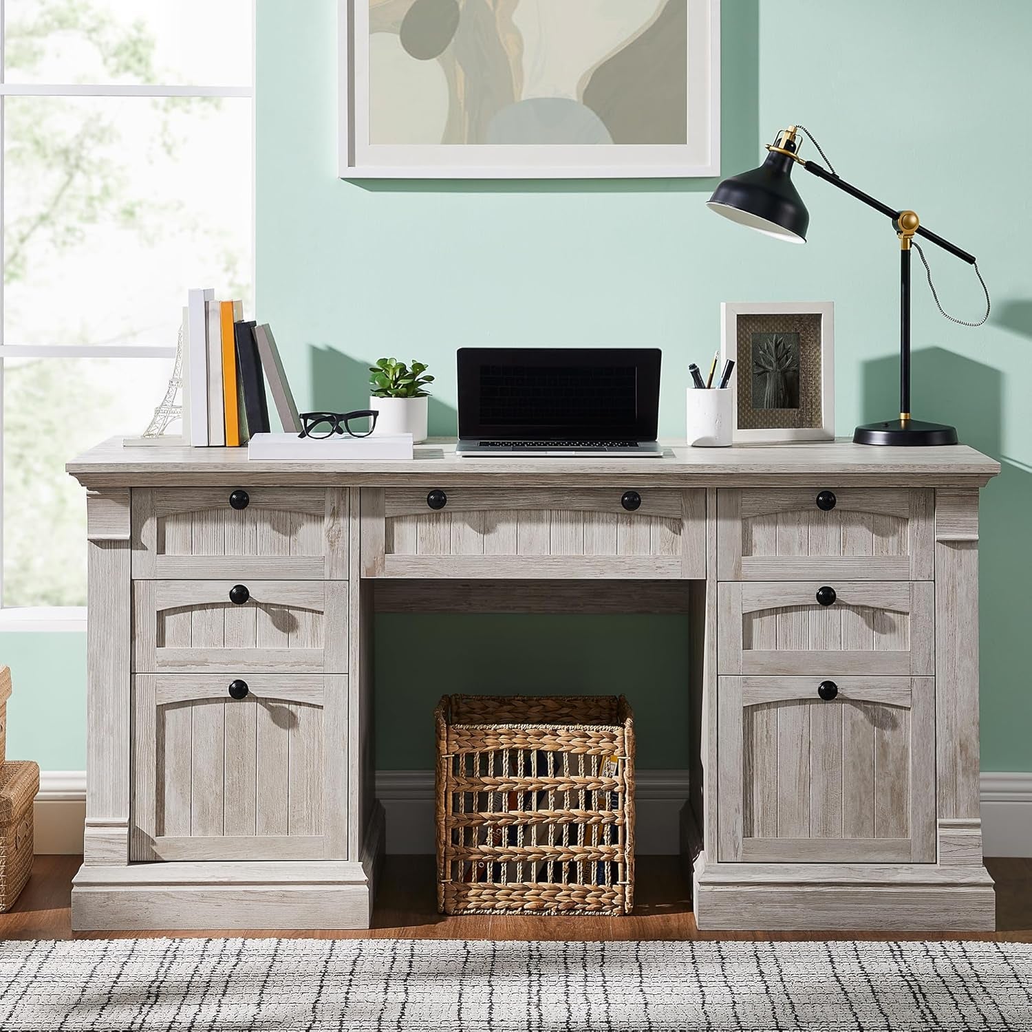 60" Executive Desk with Drawers, Farmhouse Home Office Desk with Charging Station, Keyboard Tray, File Cabinet Storage, Wood Computer Desk for Work and Study, Antique Brushed White