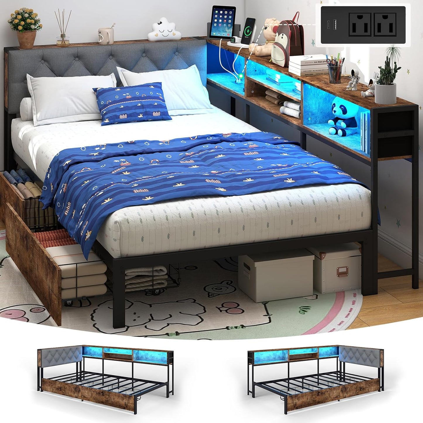 Corner Bed Frame with Storage Bookcase and LED Lights Twin XL Platform Bed Frame with Upholstered Headboard and Charging Station, Twin XL Daybed with 2 Storage Drawers, Rustic Brown & Gray