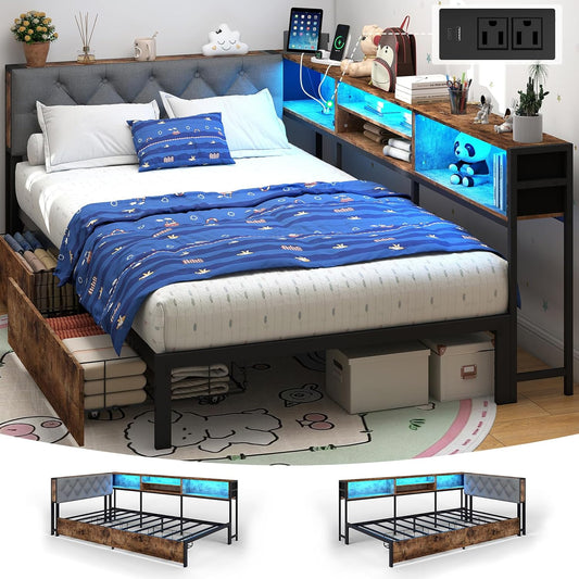 Twin Corner Bed Frame with Storage Bookcase and LED Lights, Twin Size Daybed with 2 Storage Drawers, Upholstered Platform Bed with Headboard and Charging Station, Rustic Brown & Gray