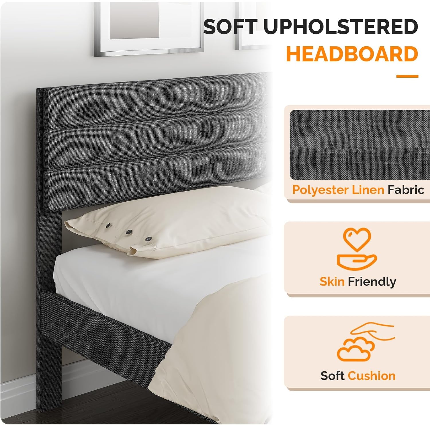 Platform Bed Frame Queen Size with Linen Fabric Headboard,Modern Panel Low Profile Bed with Upholstered & Sturdy Slats Support for Bedroom, Mattress Foundation, Dark Gray